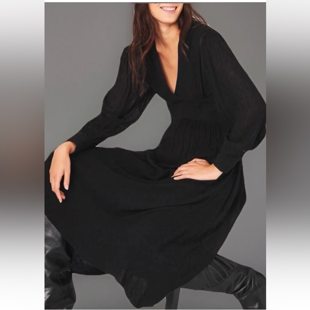 Ba&Sh Designer Lamia Midi Long Dress High Waist Long Sleeve Black XS / Size 2
